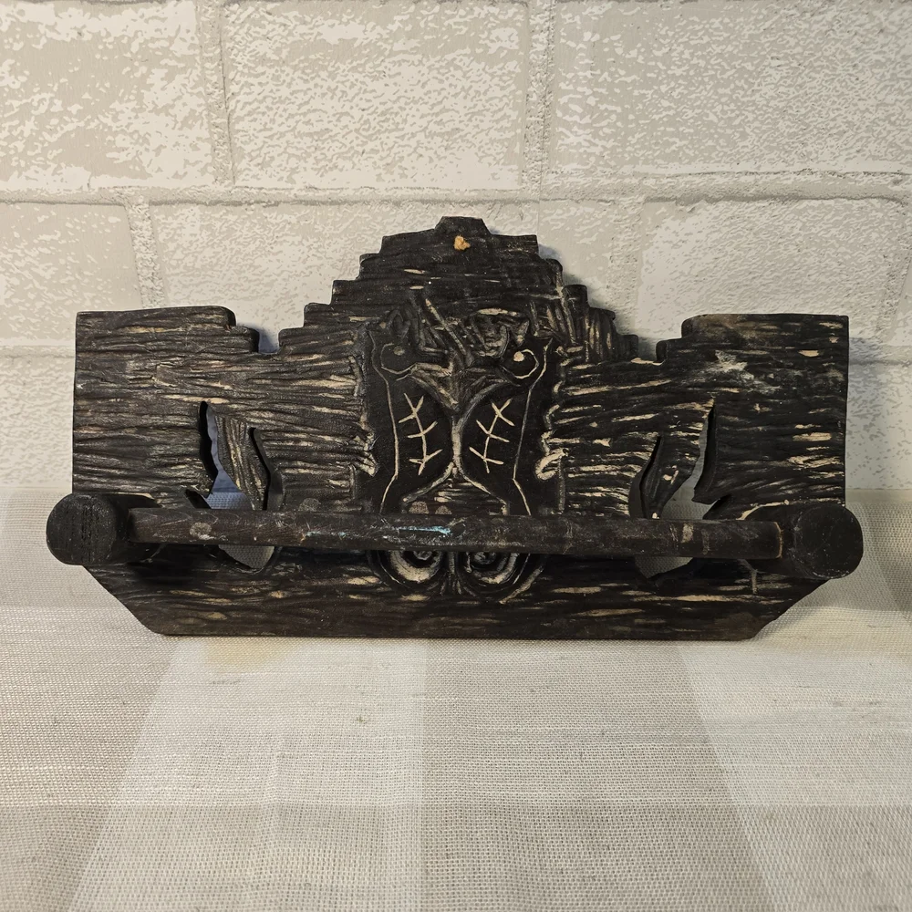 Vintage Rustic Wood Small Towel Hanging Rack Handmade Carved Seahorse Japan